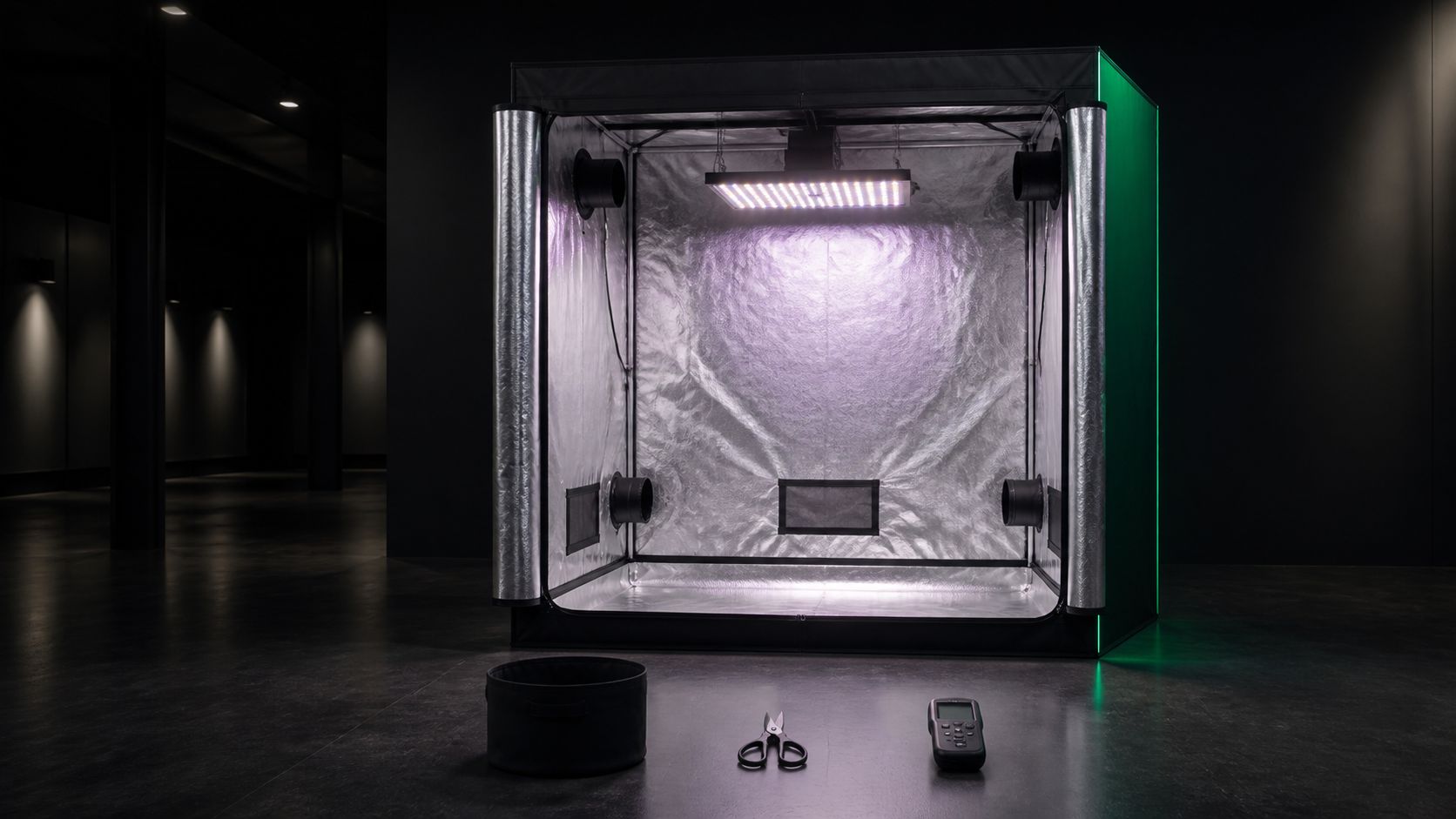Professionelles Indoor-Grow-Setup mit LED-Beleuchtung